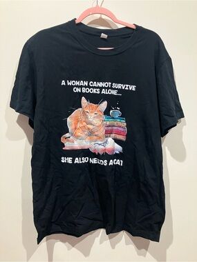 Black Graphic Cat & Books Tee with Orange Tabby Illustration